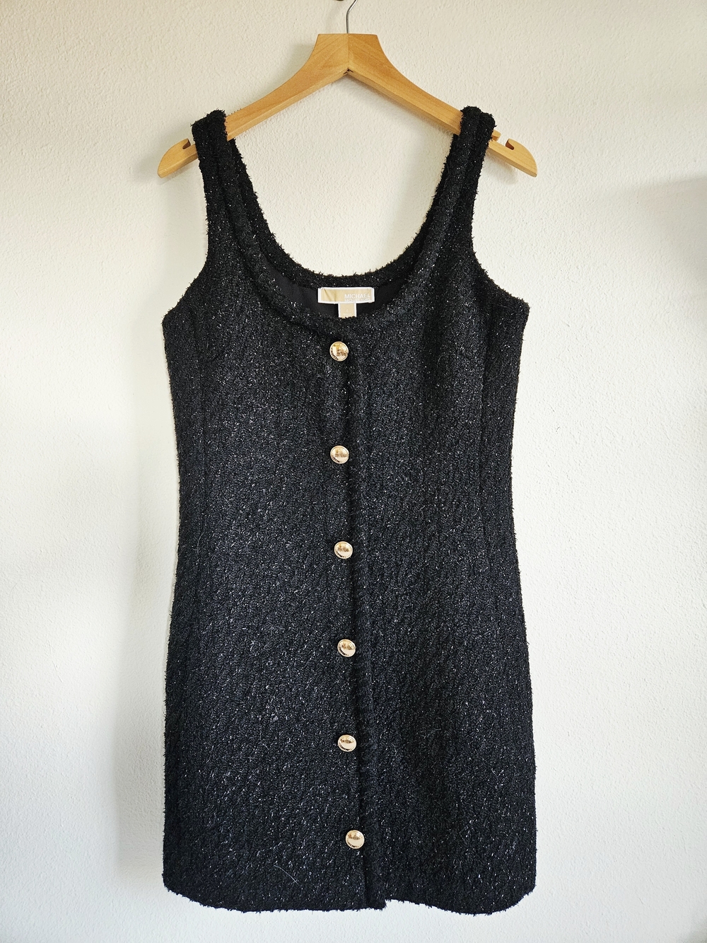 Michael Kors Black Sleeveless Button-Front Mini Dress Metallic Tweed